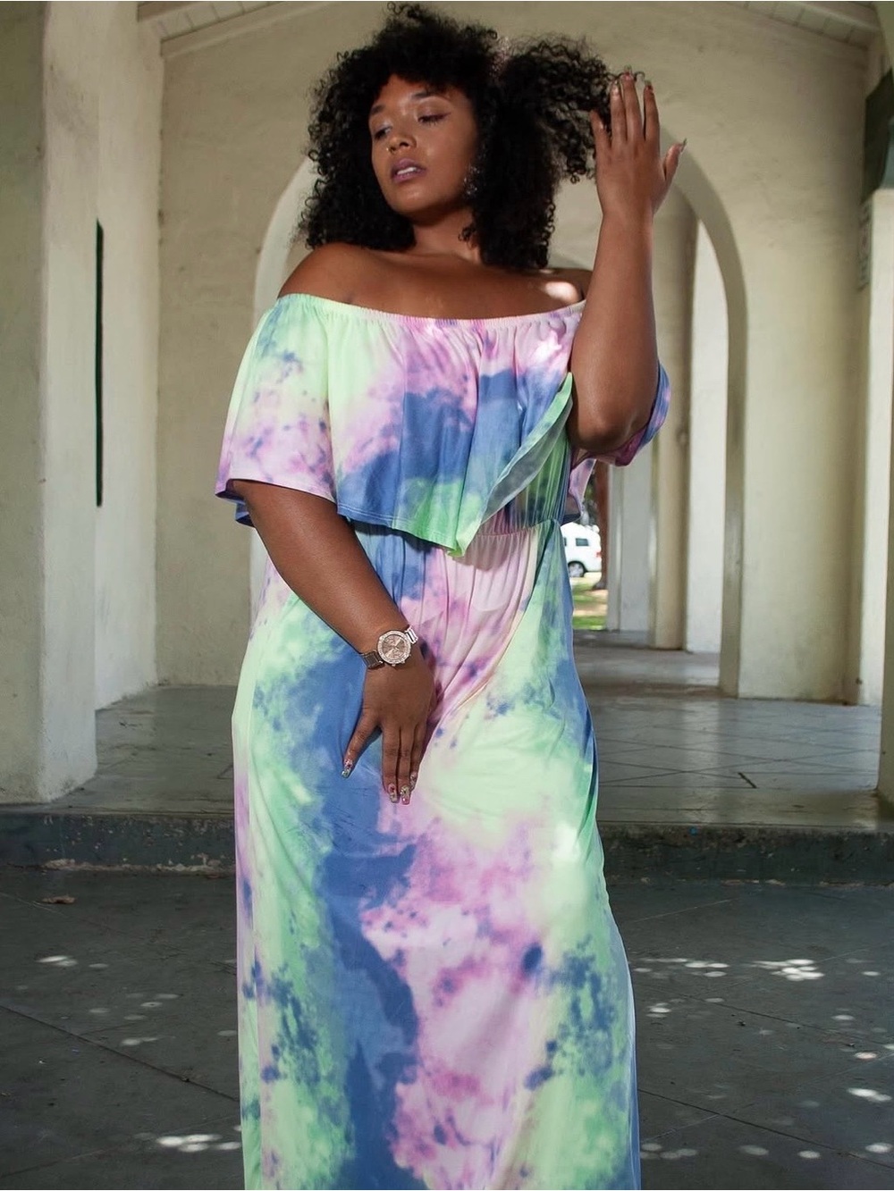 Plus Size Off-Shoulder Tie-Dye Maxi Dress - Pastel Multi